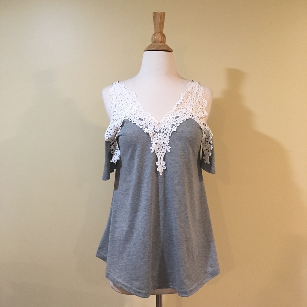 Cold Shoulder Crochet Lace Trim Top - Picture 2 of 4